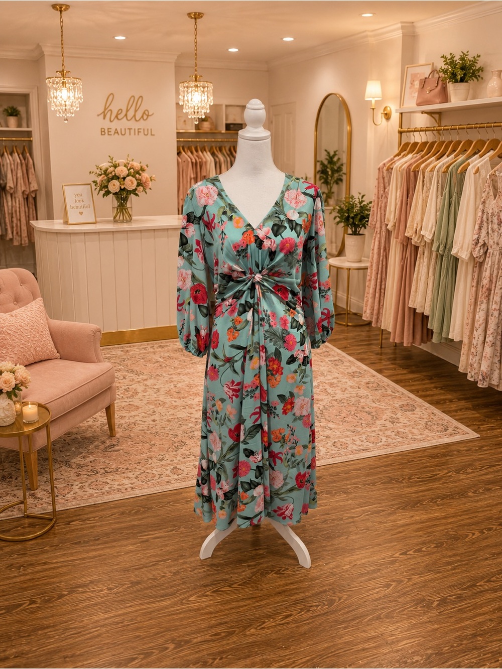 Vince Camuto Green Floral Twist Front Midi Dress Size 12